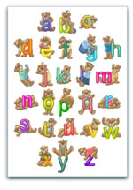 Colourful alphabet chart with cartoon bears and letters A to Z for decoration