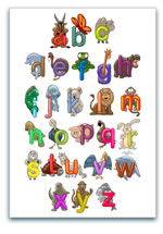 Alphabet chart with colourful letters A to Z and cartoon animals for decoration