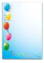 Blue background with colourful balloons and streamers along the border, ideal for party invitations, celebrations, or festive designs