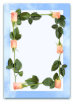 Elegant floral frame with pink roses and green leaves on a blue background, ideal for invitations, romantic designs, or decorative purposes