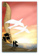 Silhouette of a couple on a beach with flying birds and a dramatic sunset, ideal for romantic or travel-themed designs