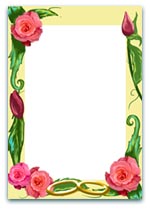 Elegant floral frame with pink roses and intertwined gold wedding rings, perfect for weddings or romantic designs