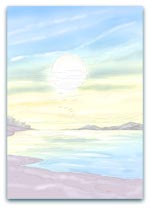 Sunrise over a calm ocean with soft pastel hues, perfect for peaceful or coastal themes