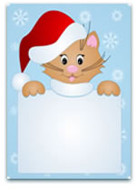 Cartoon cat wearing a Santa hat peeking over a blank space on a light blue snowflake background, great for Christmas-themed messages