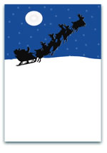 Silhouette of Santa Claus in a sleigh pulled by reindeer flying across the night sky with a full moon, perfect for festive illustrations