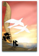 Silhouetted couple standing on a beach during a vibrant sunset with white birds flying overhead, perfect for romantic or coastal-themed designs