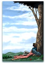 Serene scene of a couple relaxing under a tree on a grassy hill with birds flying in the blue sky, perfect for love or peaceful-themed illustrations